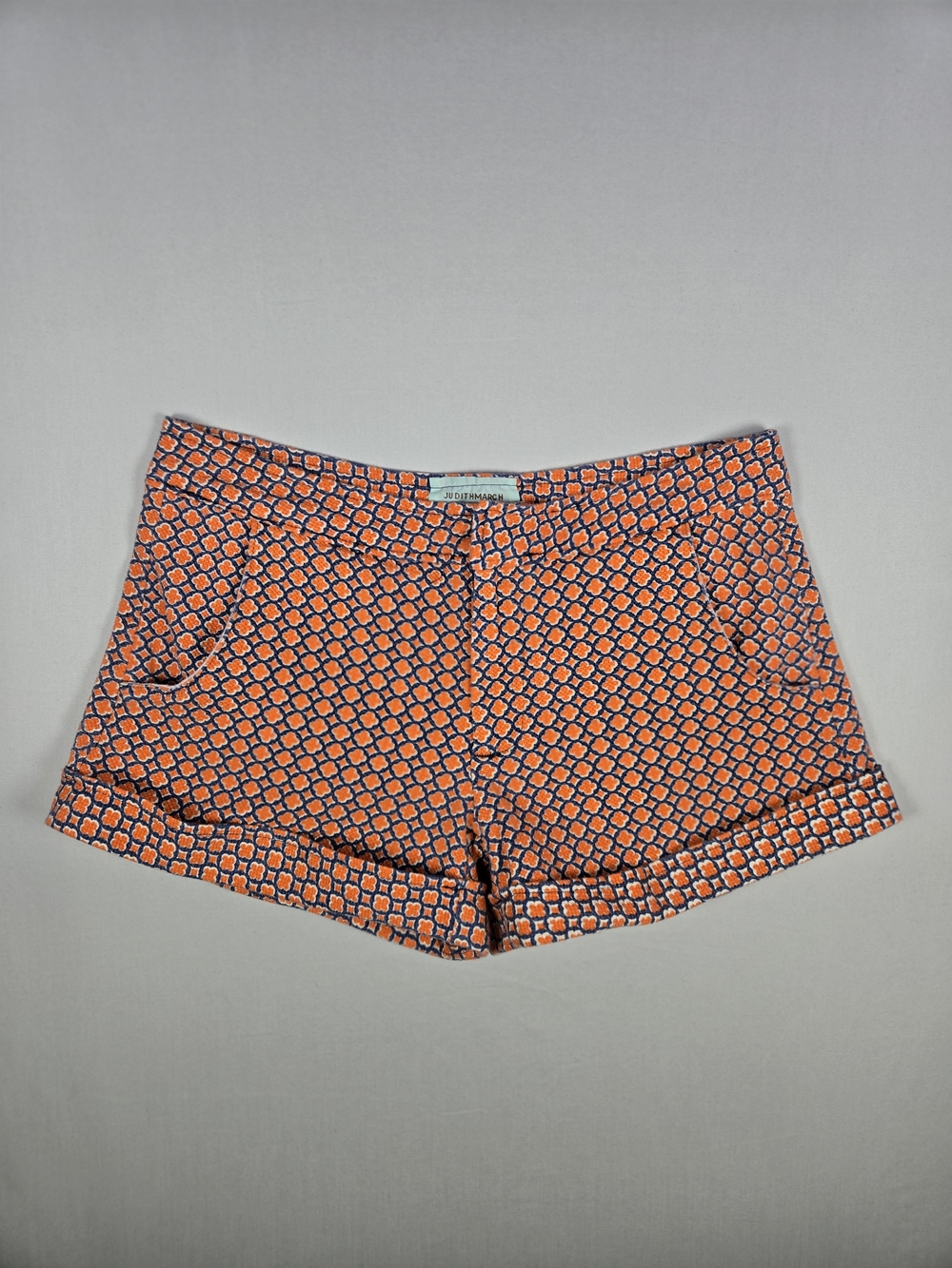 Judith March Geometric Ruffle Pocket Chino Shorts Orange Navy Blue Size Large